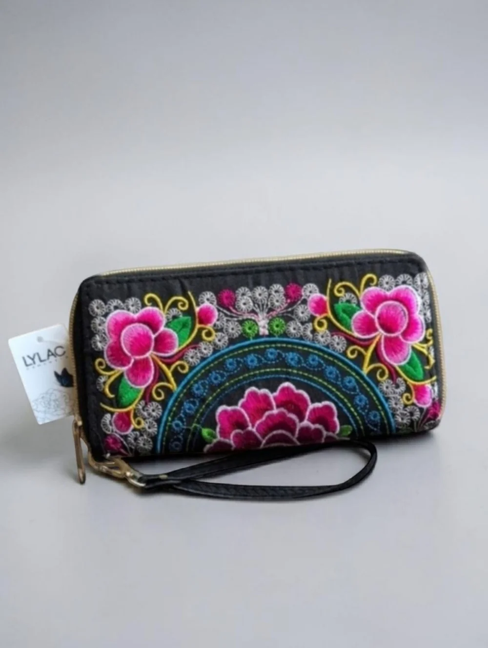 Lylac Colorful Zip Around Floral Embroidered Wallet Wristlet Black Pink